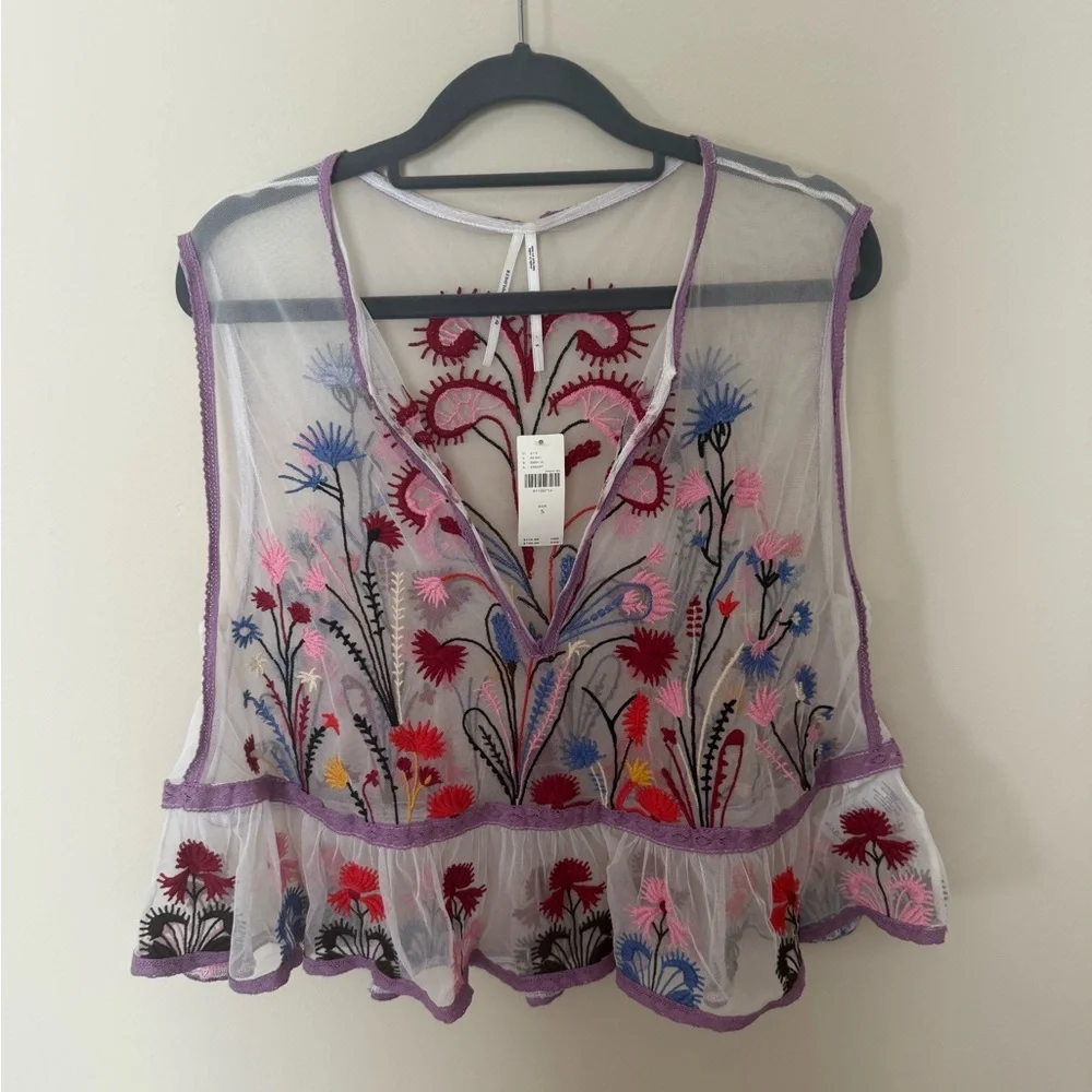 ✨ Maeve Anthropologie Cammie Embroidered Mesh Peplum Top - Sheer Floral - Size S - Picture 3 of 8